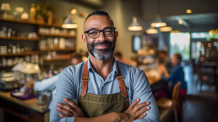 Successful small business owner standing with crossed arms with his trendy cafe in background.?reated with Generative AI technology.
