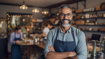 Successful small business owner standing with crossed arms with his trendy cafe in background.?reated with Generative AI technology.