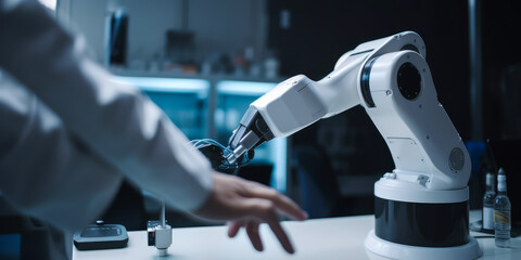 Captivating image of a dedicated scientist in white lab coat expertly controlling a robotic arm in a modern research laboratory, highlighting innovation and emotion. Generative AI