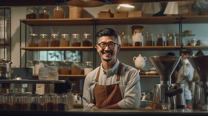 Fototapeta premium Entrepreneur in his modern coffee roastrery and distribution spa.Created with Generative AI technology.