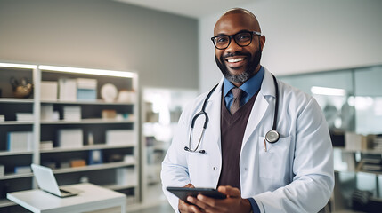 Close up of middle aged african american doctor in his cabinet at the hospital. Meets a patient for a consultation. Created with Generative AI technology.