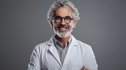 Obraz premium Smiling middle-aged doctor standing in a medical uniform against a gray wall.Created with Generative AI technology.