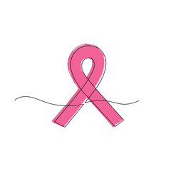 Pink ribbon drawn in one continuous line. Pencil drawing style. National Breast Cancer Awareness month. One line drawing, minimalism. Vector illustration.