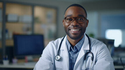 Close up portrait of middle aged african american doctor sitting in his cabinet at the hospital. Meets a patient for a consultation. Created with Generative AI technology. - Powered by Adobe