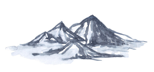 Loose watercolor moutains in blue grey colors.Scape with hills and mountains isolated on white background.Aquarelle element,environment concept.