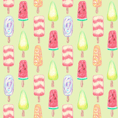Hand painted seamless pattern with pastel chalk ice cream on sticks, popsicles with different flavors banana, strawberry, blueberry, orange, lemon and apple.Summer cold food background, refreshment
