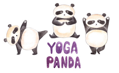 Watercolor hand drawn cute funny panda bears doing yoga.Written violet words 
