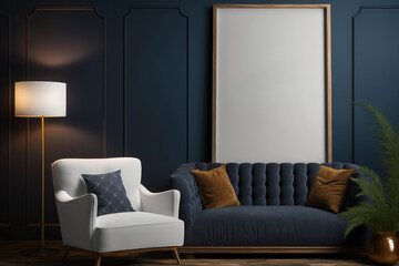 Prototype of a poster with vertical frames on a blank dark blue wall with a sofa and armchair in the living room. Generative AI