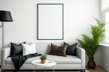 Vertical blank poster mockup on a white wall in a modern living room with classical décor. Generative AI
