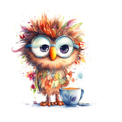 sleepy owl with cup of hot drink, good morning illustration with cartoon character good for card and print design