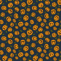 Line art autumn holiday halloween seamless pattern with different orange pumpkins with creepy spooky eyes and smiles.Fall background in blue color.Print cards, invitation, design elements.