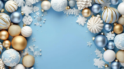 Christmas white and golden ornaments and gifts on blue background. Generative ai