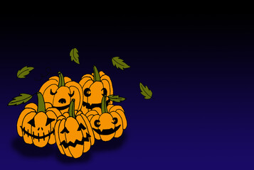 Hand drawn line art mock up with halloween holiday orange pumpkins with different spooky creepy eyes and smiles on gradient dark blue background with copy space, Jack-o-lantern as autumn backdrop.