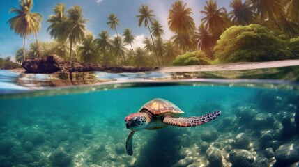 Aqua Serenity: The Graceful Encounter with a Sea Turtle. Generative AI