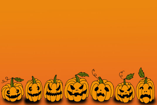 Hand drawn line art mock up with row of halloween holiday orange pumpkins with different spooky creepy eyes and smiles on gradient background with copy space, Jack-o-lantern group as autumn backdrop.