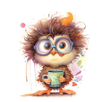 sleepy owl with cup of hot drink, good morning illustration with cartoon character good for card and print design