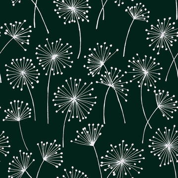 Hand drawn painted botanical seamless pattern with white line art dandelion. Floral dark green minimalistic background with spring summer flowers.