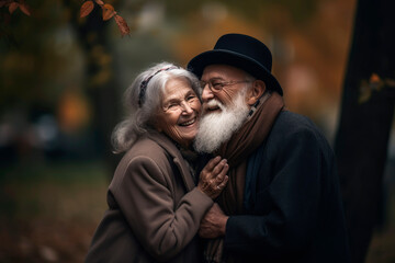 Obraz premium Caucasian Couple of old people hugging and in love in a park