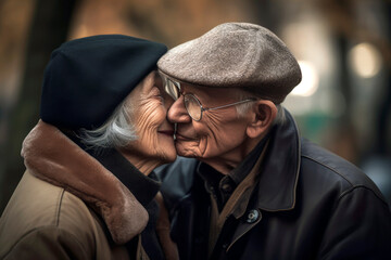 Fototapeta na wymiar Caucasian Couple of old people hugging and in love in a park