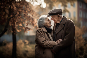 Obraz premium Caucasian Couple of old people hugging and in love in a park