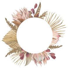 Boho floral neutral colors watercolor circle frame. Botanical design isolated on white. Wedding invitation, greeting card, stickers, scrapbooking