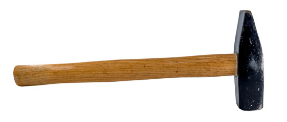 Hammer with a wooden handle with chips and scuffs on a white background. Old rusty hammer