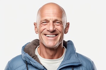 Close-up portrait photography of a grinning mature man wearing soft sweatpants against a white background. With generative AI technology