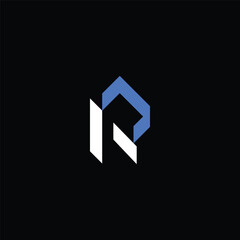 White and blue logo design initial letter r on black background design