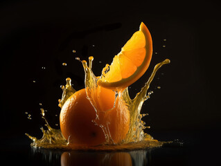 Oranges splashing on black background. Generative A.I.
