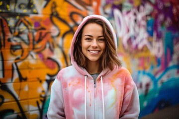 Lifestyle portrait photography of a grinning girl in her 30s wearing a stylish hoodie against a...