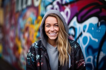 Fototapeta na wymiar Lifestyle portrait photography of a grinning girl in her 30s wearing a stylish hoodie against a colorful graffiti wall background. With generative AI technology