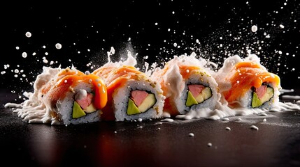 Sushi Splash, Uramaki Splash, Food Photography, Commercial Photography, Black Background. Generative AI.