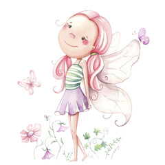 Fototapeta na wymiar Hand painted cute fairy, flowers, butterflies. watercolor illustration.