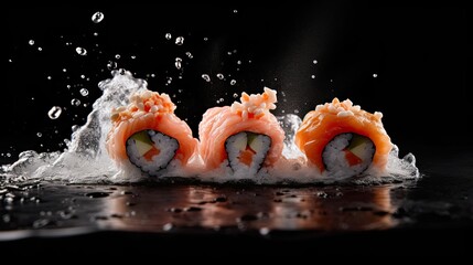 Sushi Splash, Uramaki Splash, Food Photography, Commercial Photography, Black Background. Generative AI.