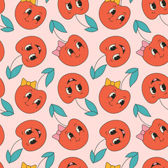 Groovy summer seamless pattern with cute cherries. Fruit cartoon character in trendy retro style, comic mascot character.