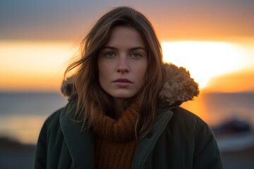 Fototapeta premium Photography in the style of pensive portraiture of a glad girl in her 30s wearing a cozy winter coat against a vibrant sunset background. With generative AI technology