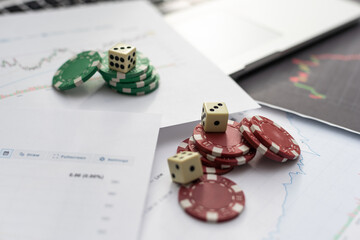 Dices cubes with the words SELL BUY on financial downtrend chart graph. Selective focus