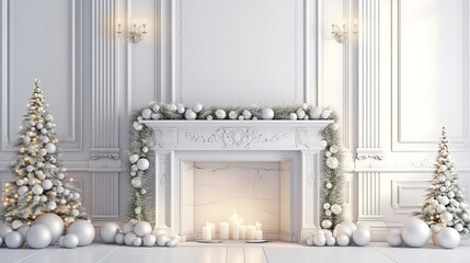 3D-Illustration. christmas scene with decorated tree and fireplace. Generative ai