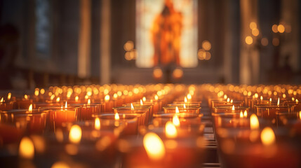 Candles burning in church, Votive candles glows on All saints day. Generative ai