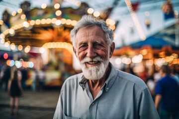 Lifestyle portrait photography of a glad old man wearing a casual short-sleeve shirt against a carnival background. With generative AI technology