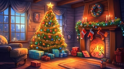 Still life with festively decorated home interior with Christmas tree. Generative ai