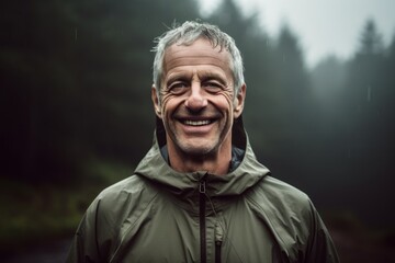 Medium shot portrait photography of a joyful mature man wearing a comfortable tracksuit against a foggy forest background. With generative AI technology