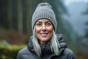 Environmental portrait photography of a satisfied mature woman wearing a warm beanie or knit hat against a foggy forest background. With generative AI technology