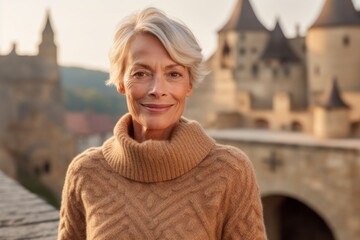 Medium shot portrait photography of a glad mature woman wearing a cozy sweater against a medieval castle background. With generative AI technology