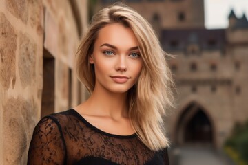 Headshot portrait photography of a satisfied mature girl wearing a cute crop top against a medieval castle background. With generative AI technology