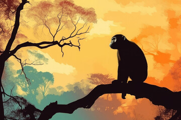 Naklejka premium Silhouette of monkey at sunset. Animal in wild nature. Created with Generative AI