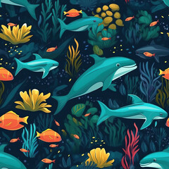 Obraz na płótnie Canvas Dolphins seamless repeat pattern - fantasy colorful cubism, abstract art [Generative AI] 