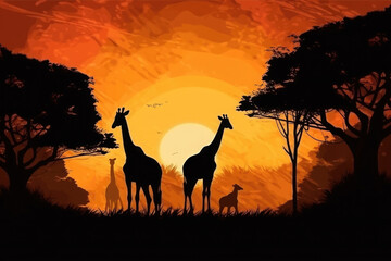 Fototapeta na wymiar Silhouette of giraffes in African savannah. Wild animal at sunset natural background. Created with Generative AI