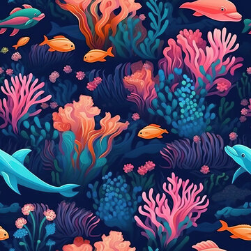 Dolphins seamless repeat pattern - fantasy colorful cubism, abstract art [Generative AI]
