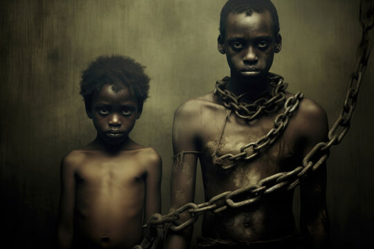 Male prisoner in chain. Child slavery concept. Victim chained in captivity. Created with Generative AI